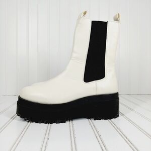 NEW Divided Black White Chunky Faux Leather Slip On Elastic Gore Ankle Boot S822